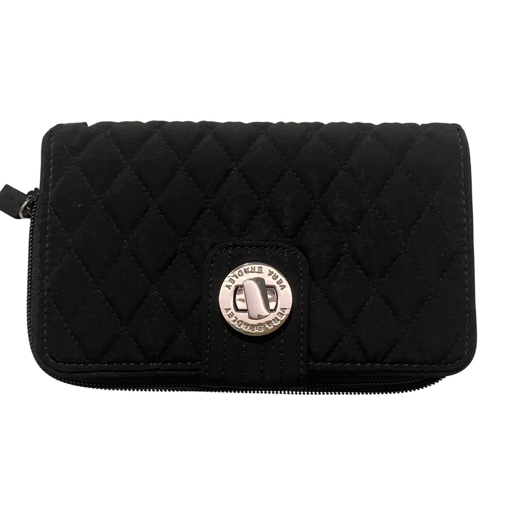 Vera Bradley Quilted Chic Black Zip Wallet Organizer Clutch Turn Lock Fashion